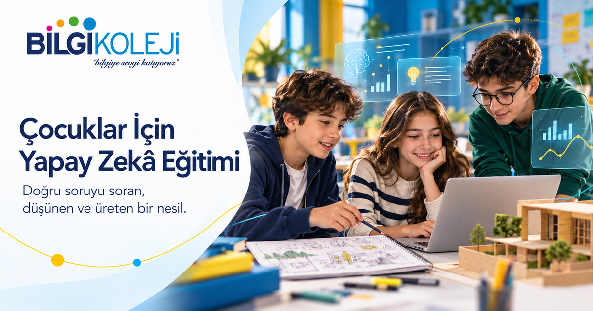 Yapay zekâ eğitimi temalı kapakta, dizüstü bilgisayar, çizimler ve mimari maketle birlikte çalışan üç öğrencinin temsili görüntüsü.